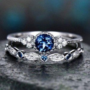NEW 925 Sterling Silver Sapphire Diamond Ring Set
